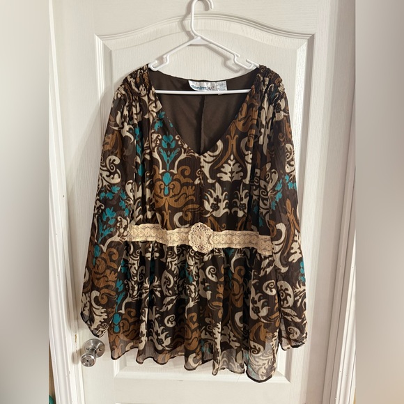 Denim 24/7 Tops - Denim 24/7 Women’s Brown Floral Boho Lined Blouse 30W. MH-166